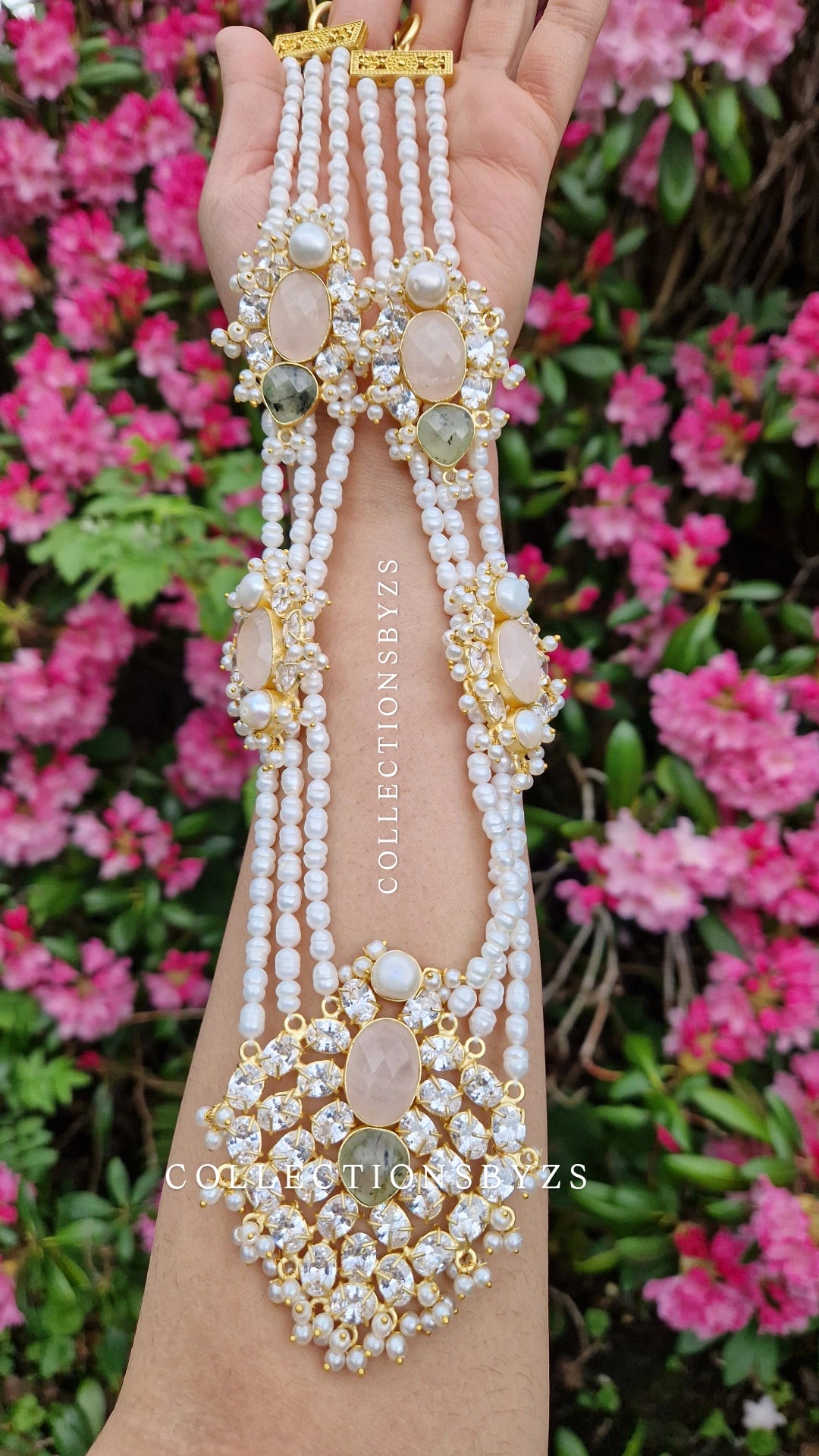 TALHA-  Premium Fresh Water Pearl and Semi Precious Mala Set - ROSE QUARTZ & SAGE.
