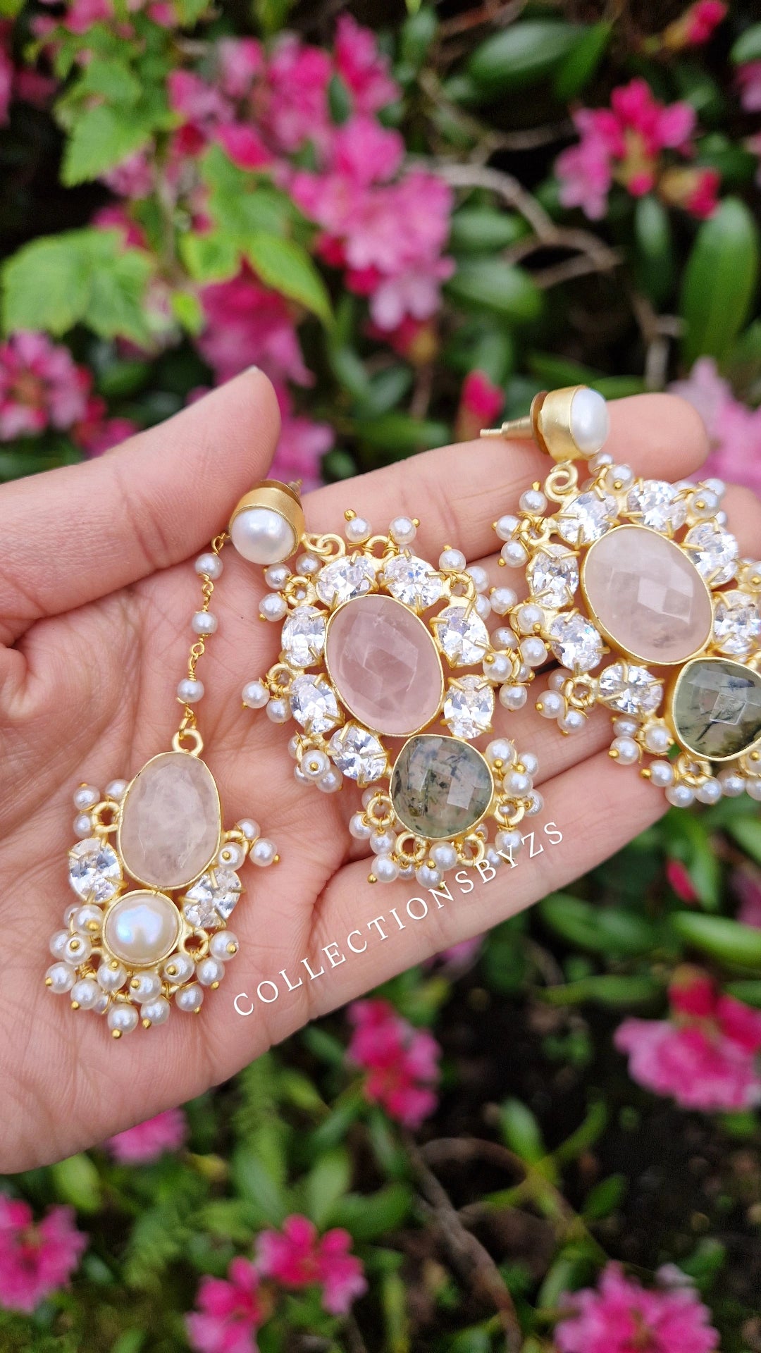 TALHA-  Premium Fresh Water Pearl and Semi Precious Mala Set - ROSE QUARTZ & SAGE.