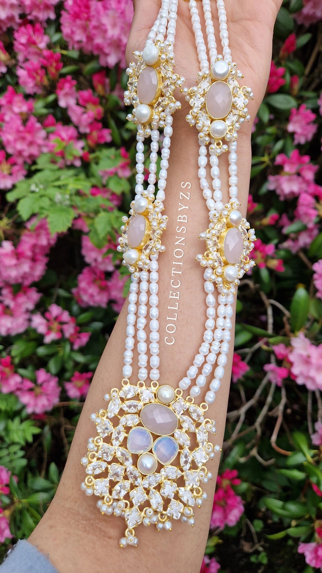 HOORAIN- Premium Fresh Water Pearl and Semi Precious Mala Set - ROSE QUARTZ & OPALITE.