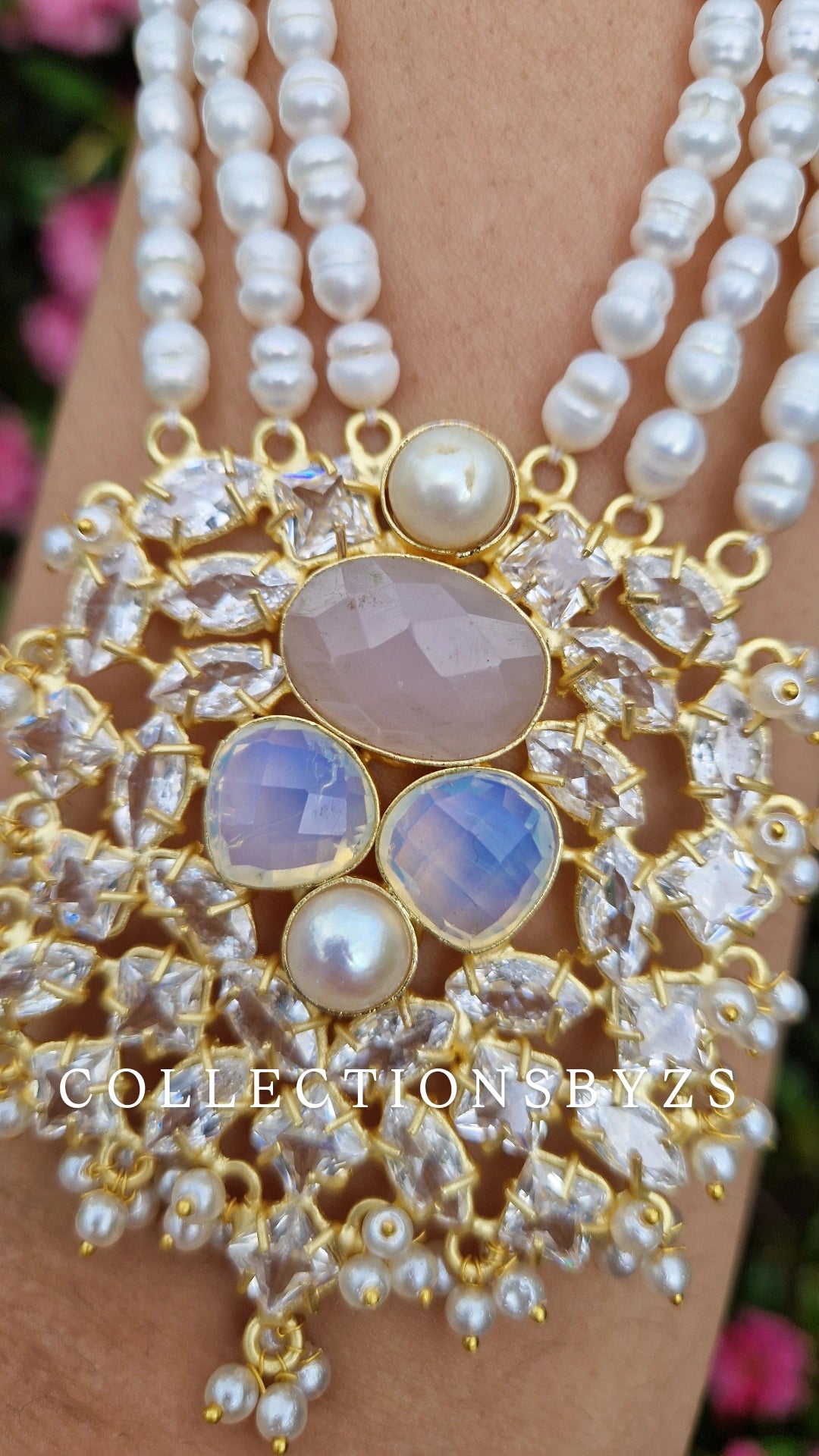 HOORAIN- Premium Fresh Water Pearl and Semi Precious Mala Set - ROSE QUARTZ & OPALITE.