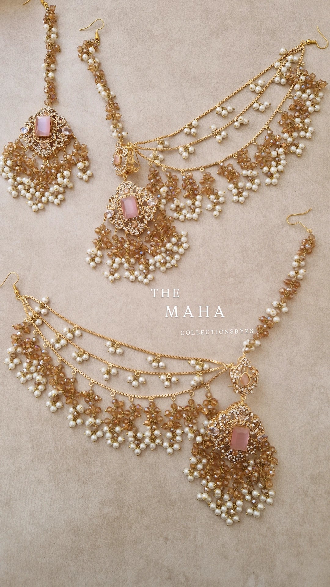 MAHA - Oversized-  Pakistani Earrings and Tikka Set - Gold and Pink.