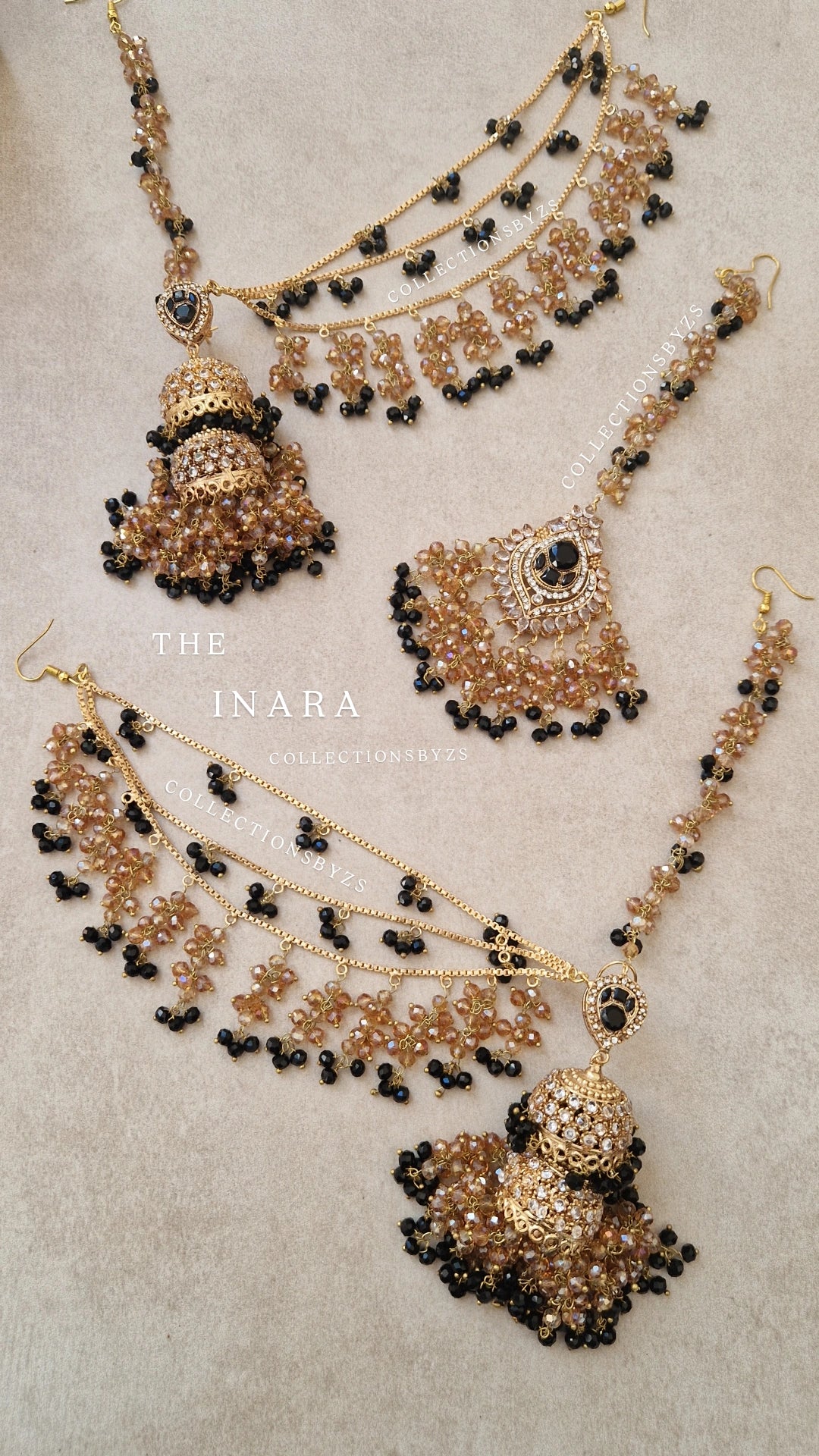 INARA -Pakistani Earrings & Tikka - BLACK & GOLD