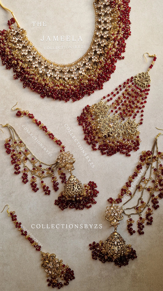 JAMEELA- Beautiful Bridal Pakistani Maroon 4 Piece Jewellery Set