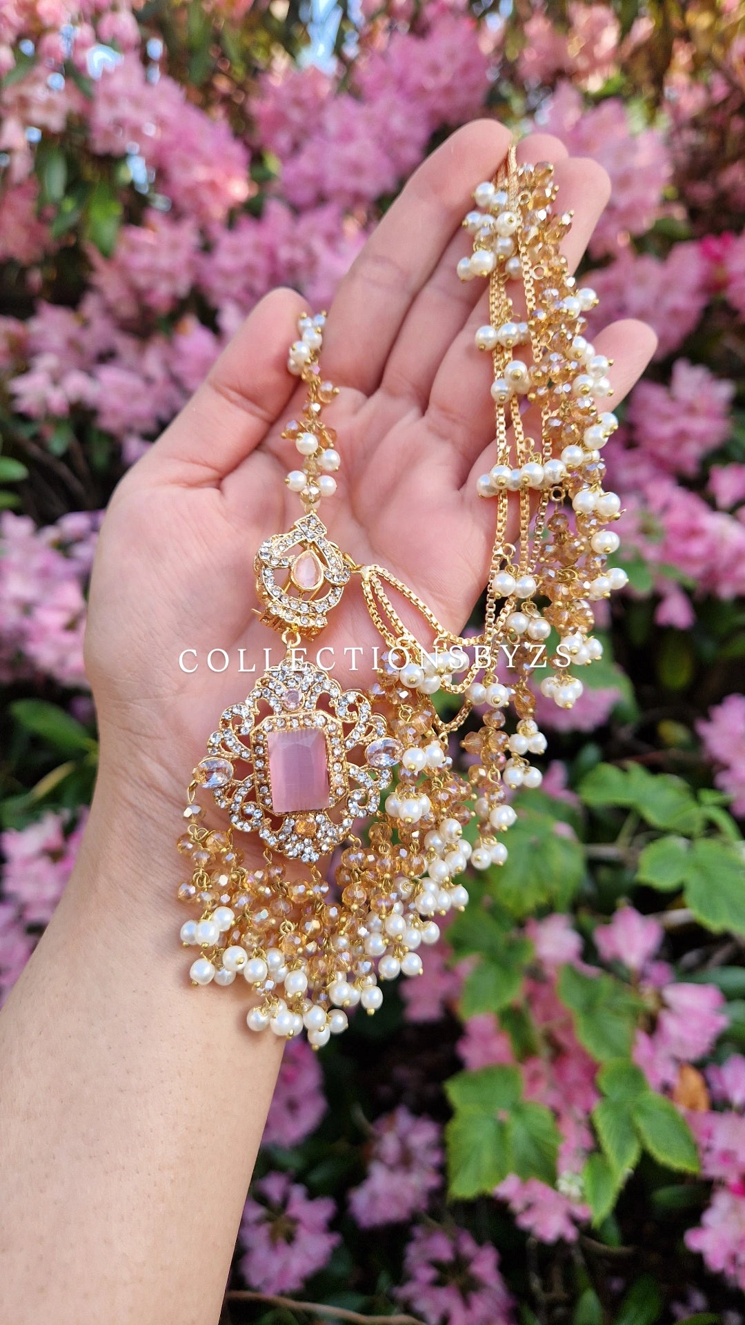 MAHA - Oversized-  Pakistani Earrings and Tikka Set - Gold and Pink.