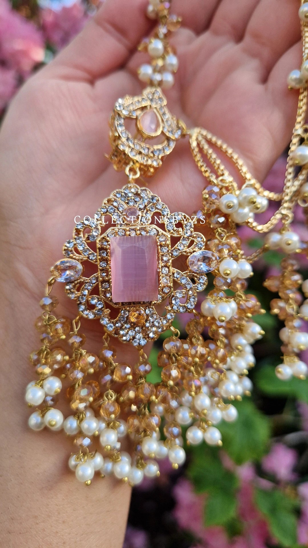MAHA - Oversized-  Pakistani Earrings and Tikka Set - Gold and Pink.