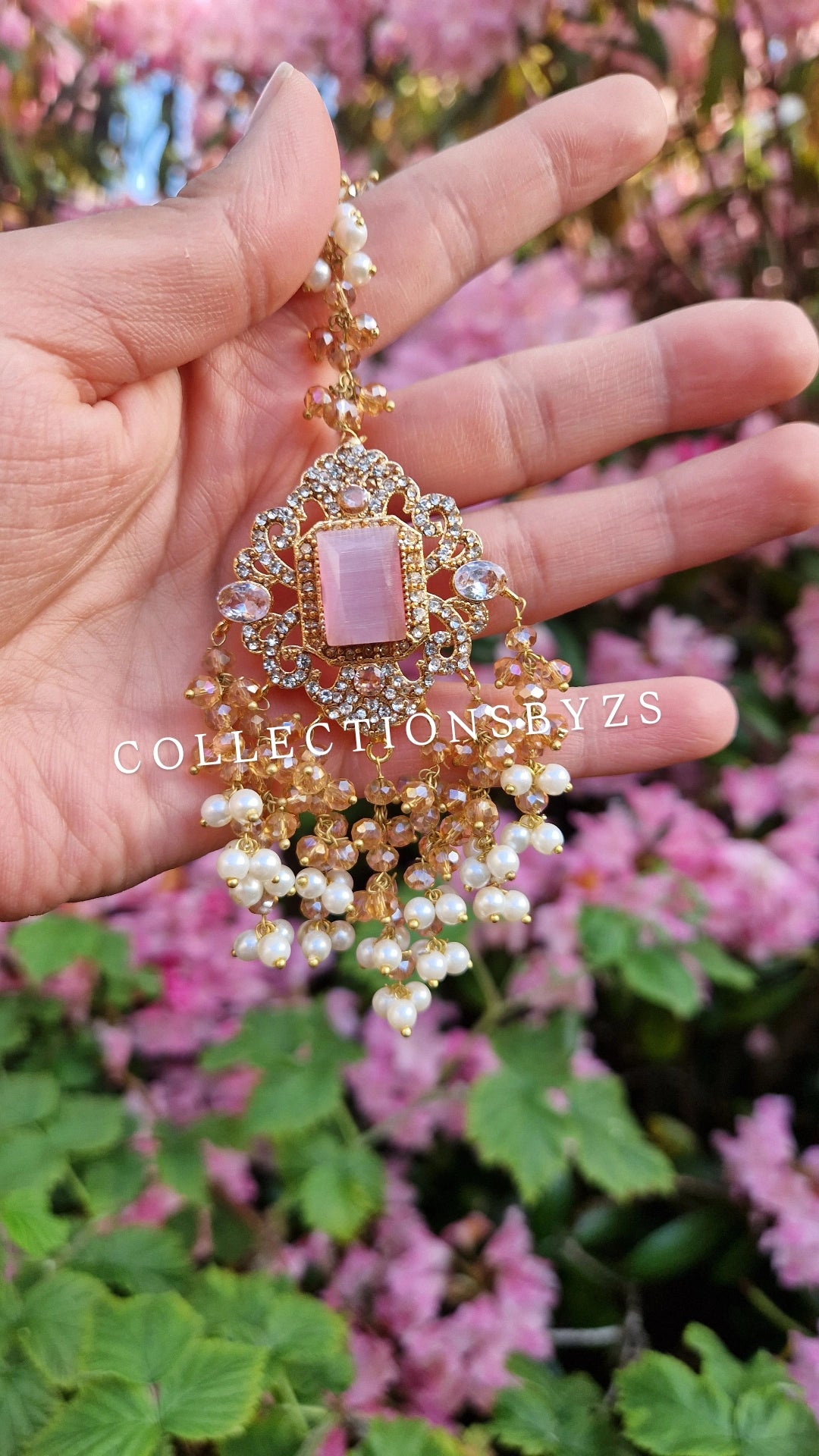 MAHA - Oversized-  Pakistani Earrings and Tikka Set - Gold and Pink.