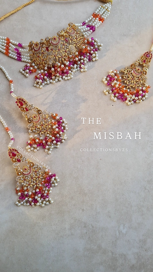 MISBAH - Pakistani Crystal Choker Set Mehndi - Pink and Orange.