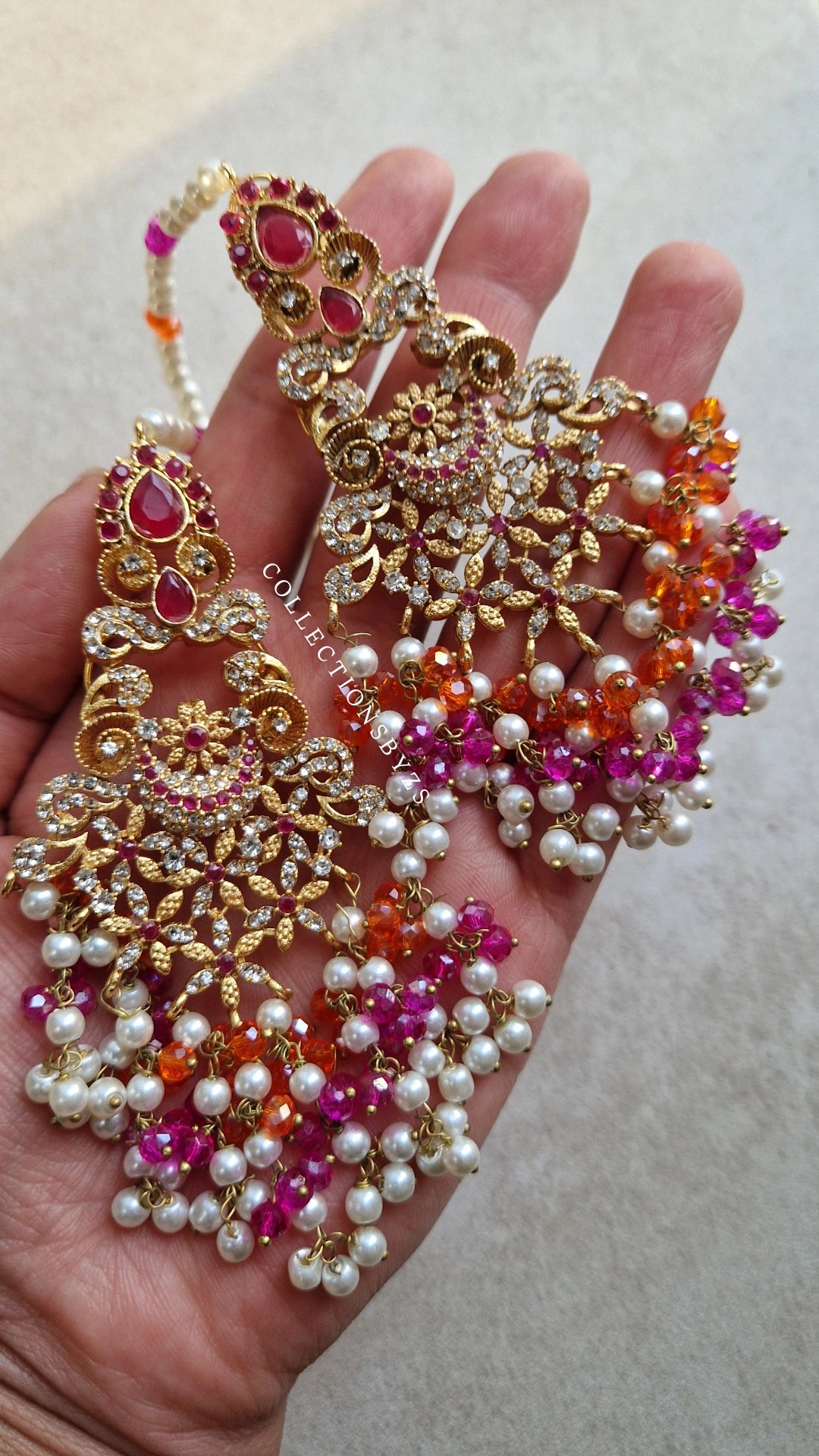 MISBAH - Pakistani Crystal Choker Set Mehndi - Pink and Orange.