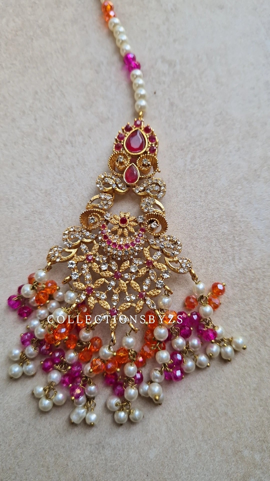 MISBAH - Pakistani Crystal Choker Set Mehndi - Pink and Orange.