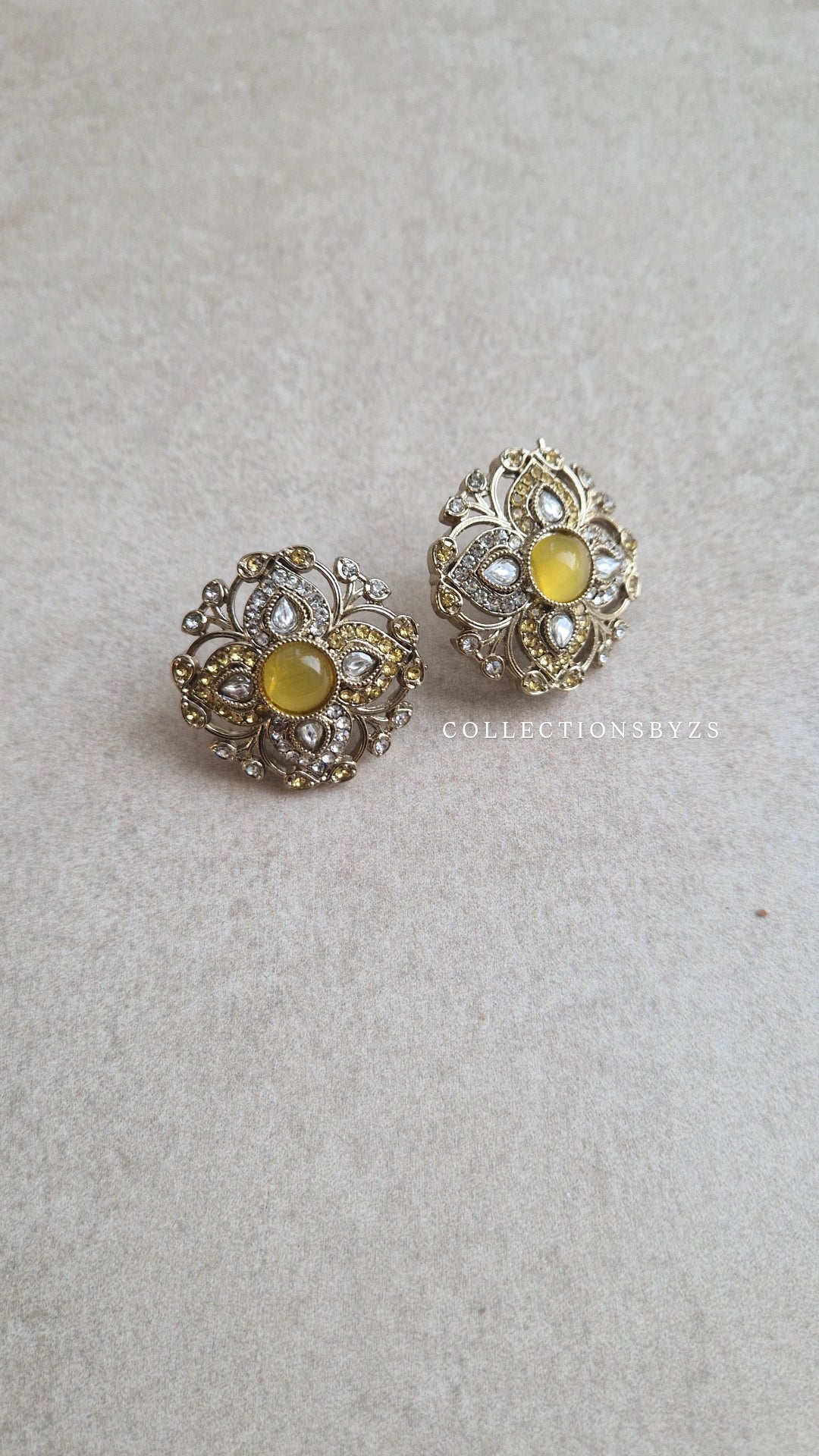 SAIMA - Indian Silver Kundan Inspired Studs-  YELLOW