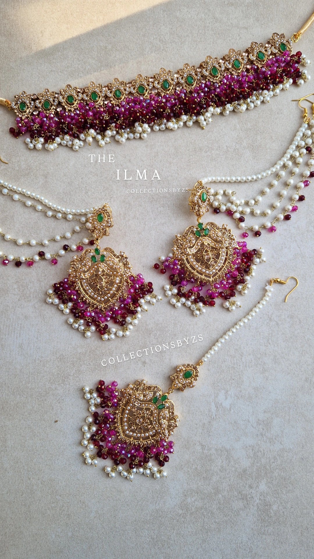 ILMA - Luxurious Pakistani Choker Set -  MAROON, PINK AND GREEN