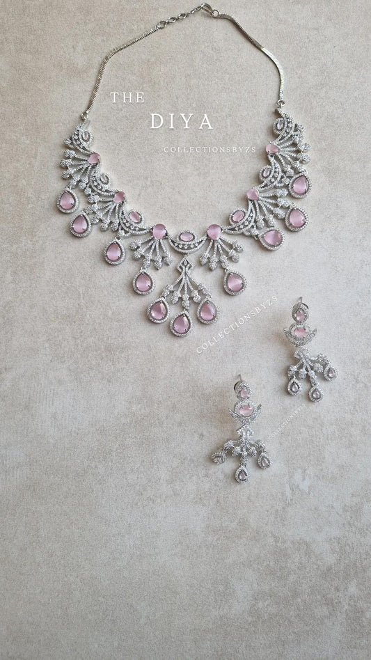 DIYA- Beautiful American Diamond Medium/Large Set - Silver & Baby Pink.