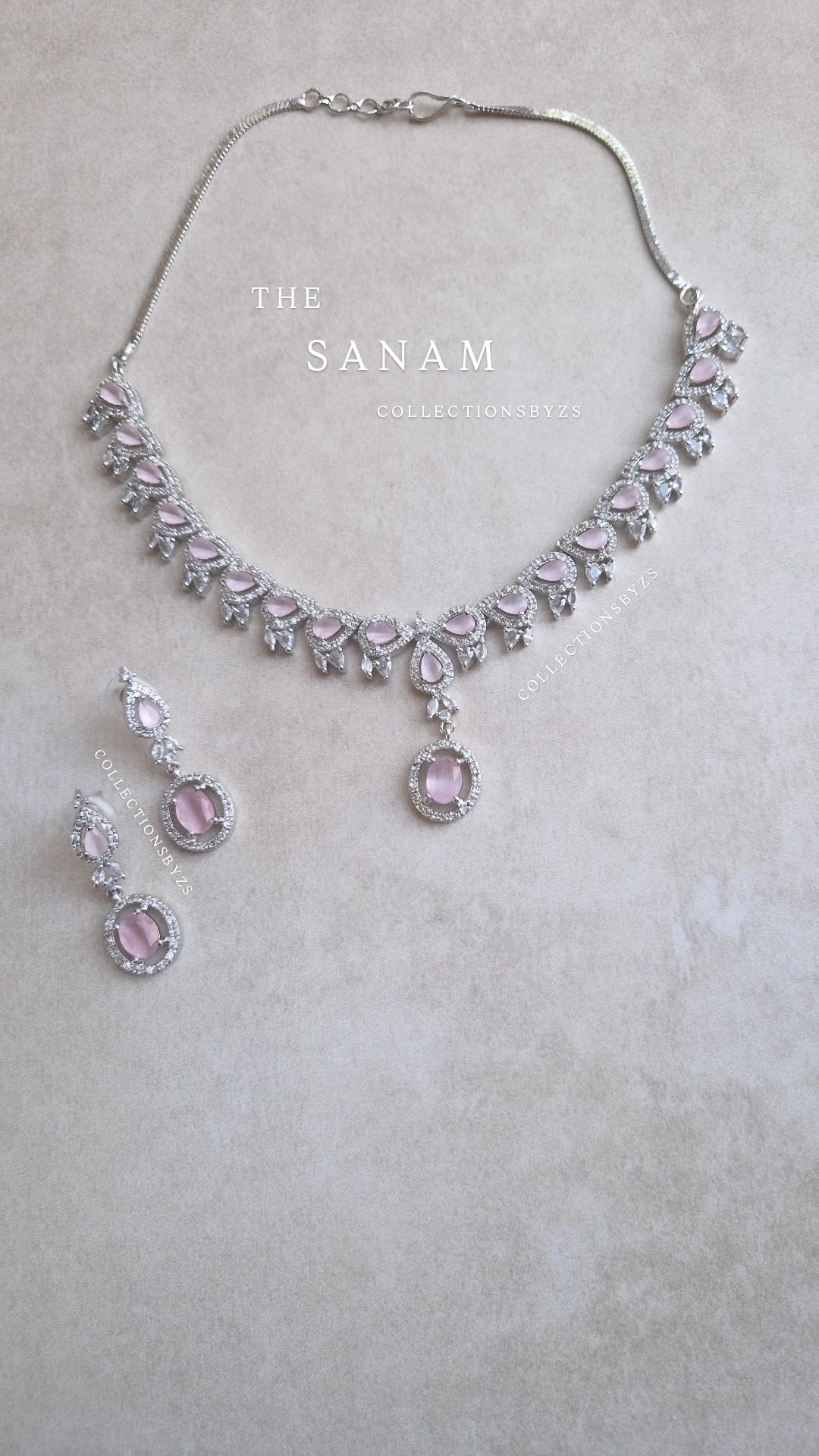 SANAM - Elegant Small American Diamond Necklace Set - Pink Stone