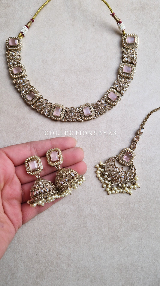 AQSA- Small Necklace, Jhumka and Tikka Set- PINK