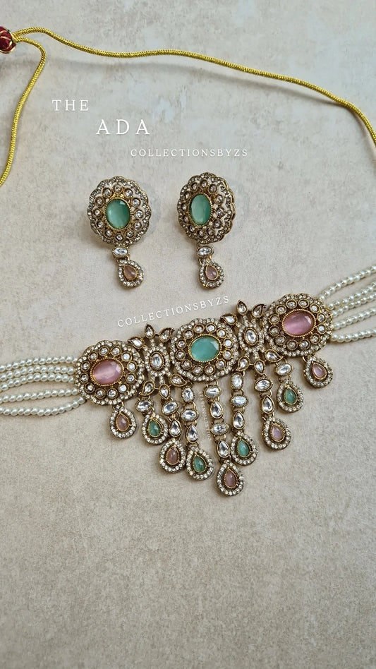 ADA - Beautiful Choker Set Kundan Inspired - PINK & MINT