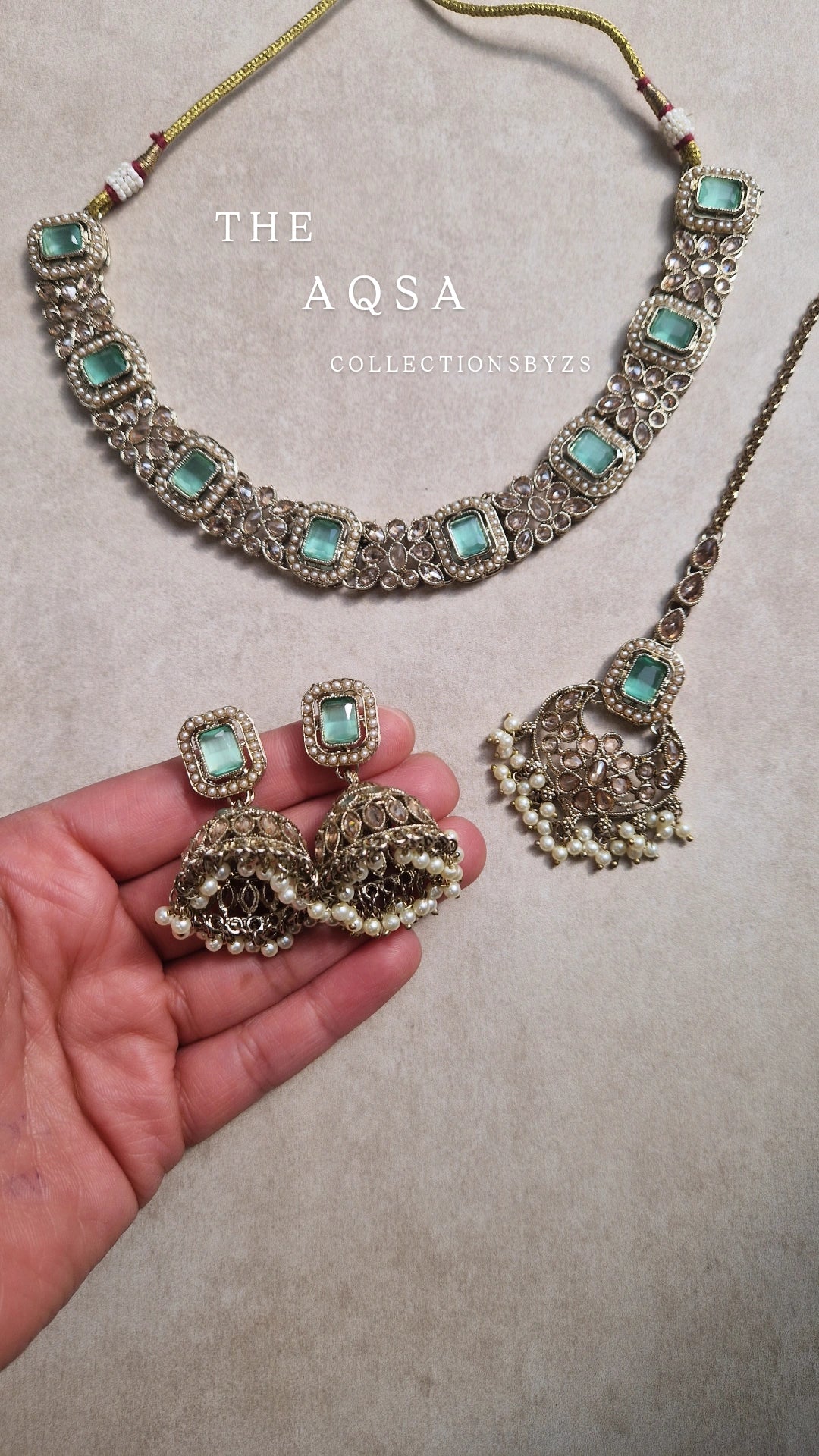 AQSA- Small Necklace, Jhumka and Tikka Set- MINT