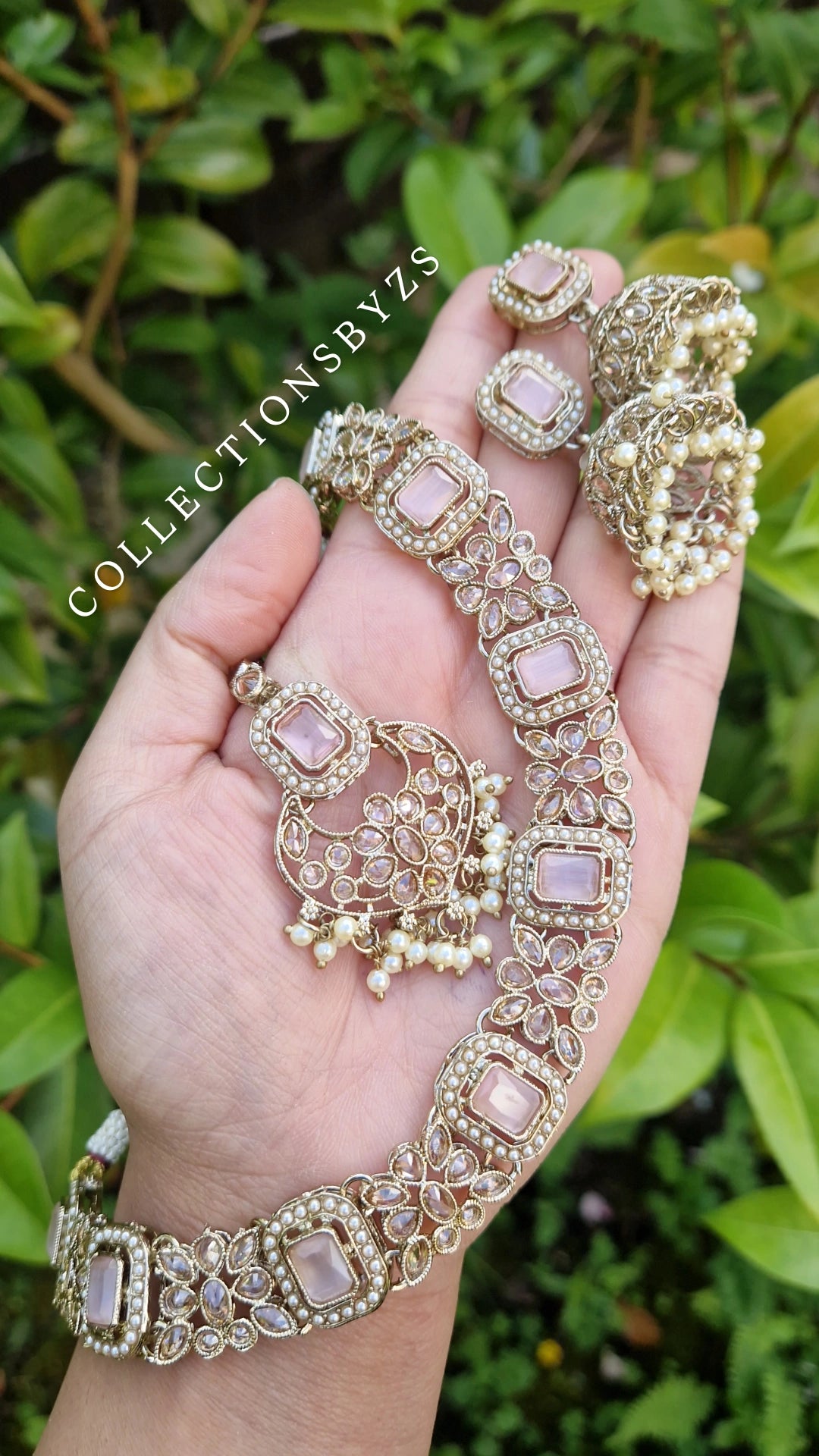 AQSA- Small Necklace, Jhumka and Tikka Set- PINK