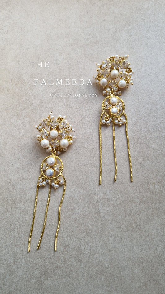 Falmeeda- *Premium*  Earrings- Golden Fresh water Pearls and Indian Crystal Dangling Earrings