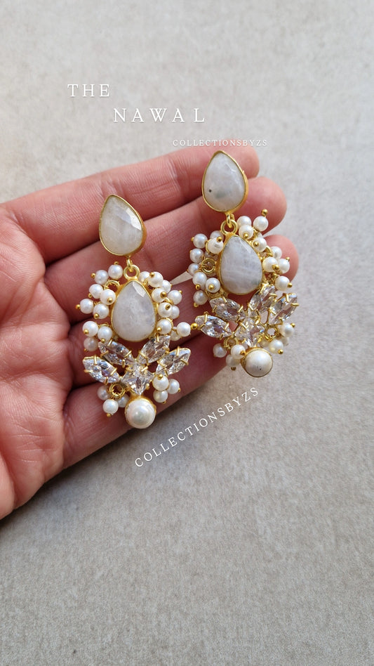 NAWAL- *Premium* Small  Earrings- Fresh water Pearls Full Moonstone