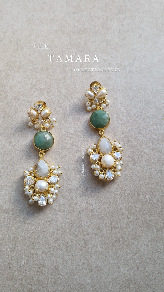 TAMARA * PREMIUM*  Authentic Fresh water Pearls, Semi precious Gemstone Dangle Earrings