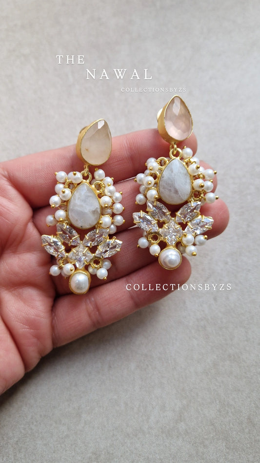 NAWAL- *Premium* Small  Earrings- Fresh water Pearls, Rose Quartz and Moonstone