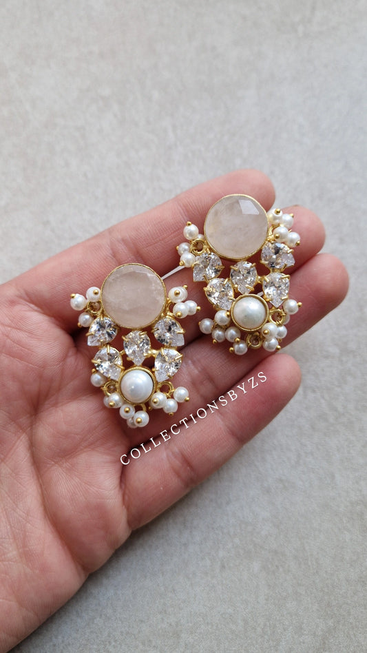AMIRAH *Premium*  Stud Earrings- Rose Quartz and Fresh Water Pearls