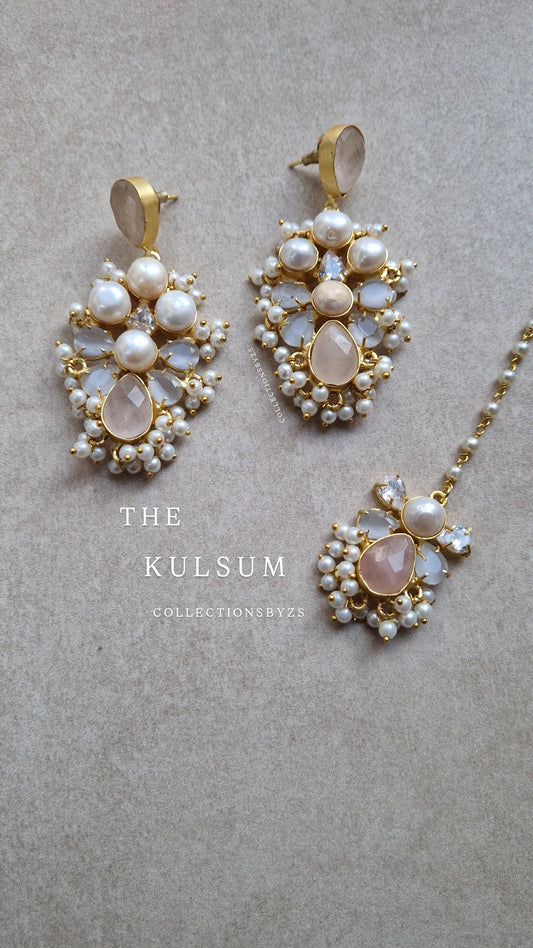KULSUM * Premium* Fresh water pearls Earrings Tikka and Set - Rose Quartz & Grey/Lavender