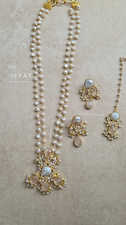 IFFAT *Premium* Small Elegant Full Fresh Water Pearls & Rose Quartz & Moonstone Mala Set
