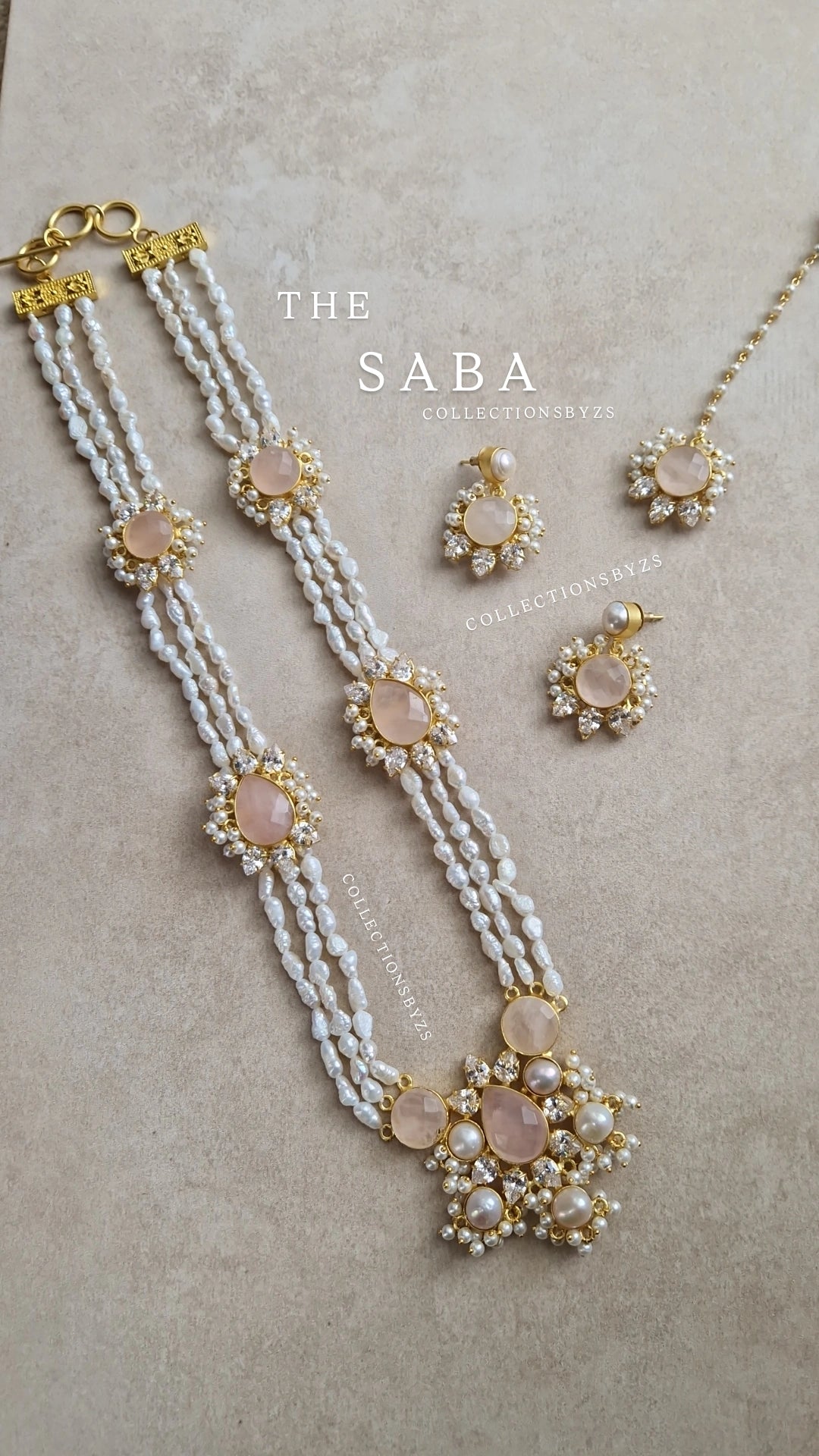 SABA  *Premium* Fresh Water Pearl and Semi Precious Mala Set - Rose Quartz