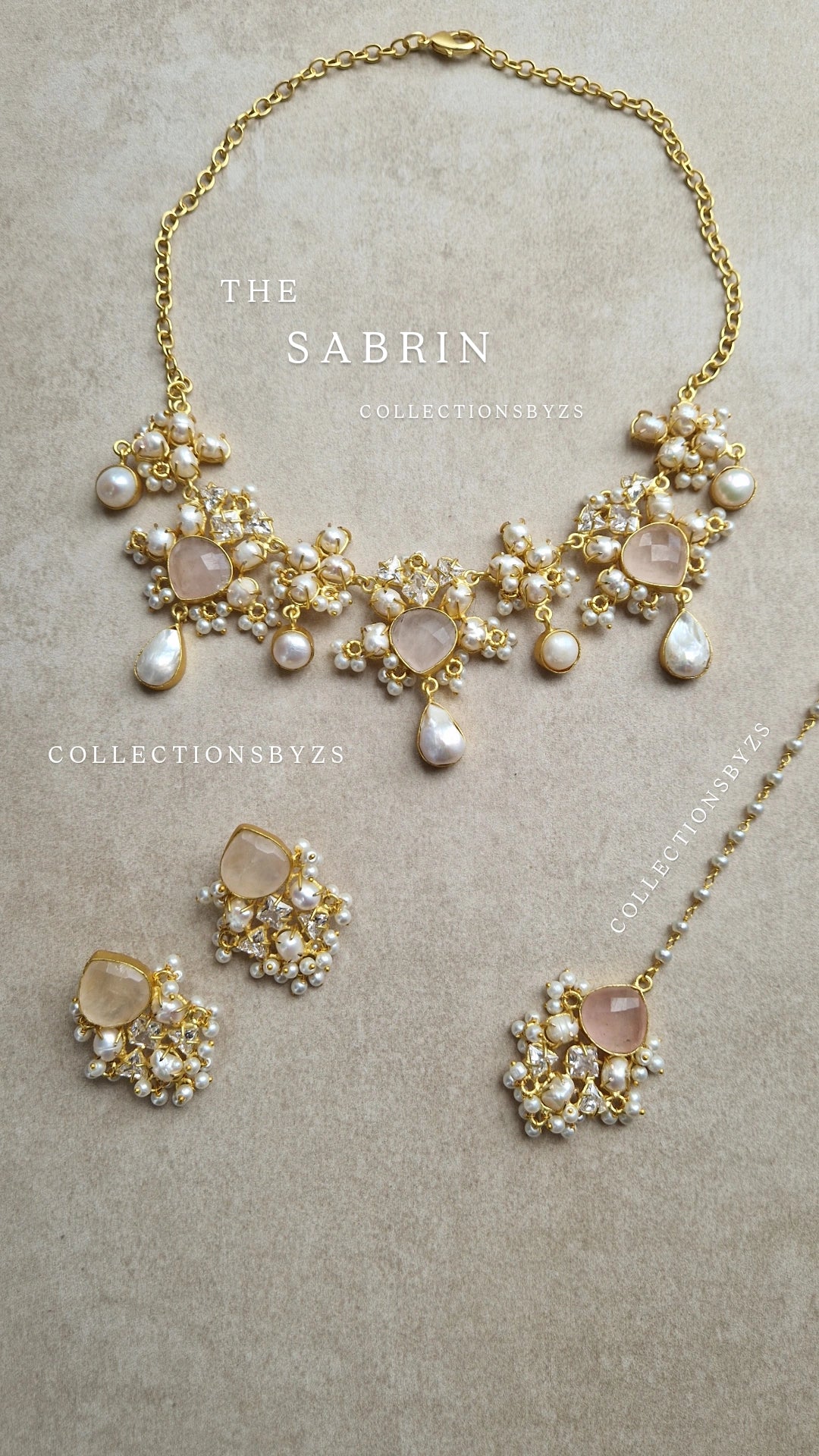 SABRIN- *Premium* Rose quartz & Fresh water pearl Necklace Set