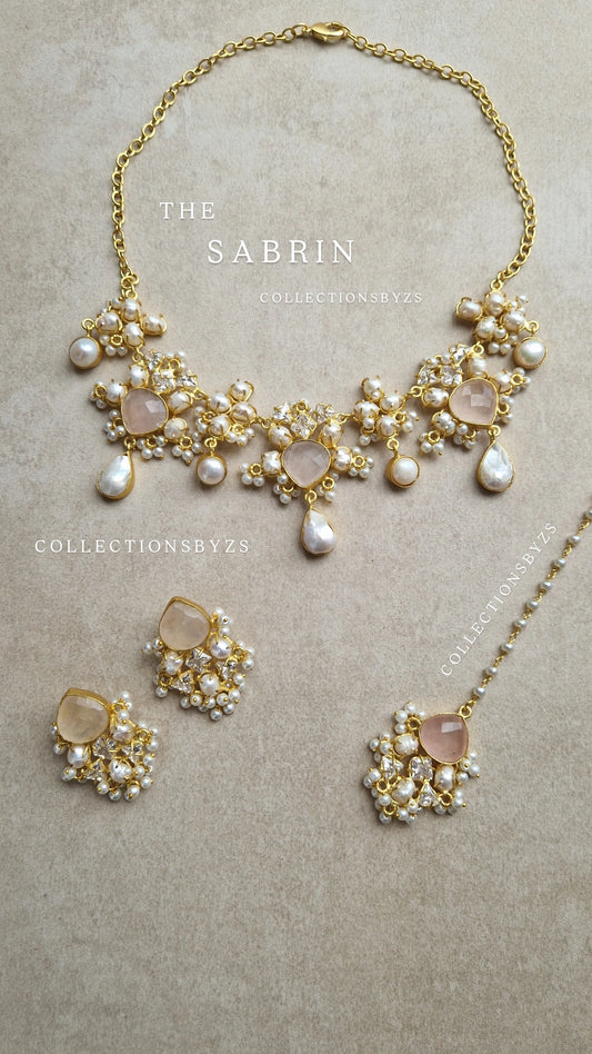 SABRIN- *Premium* Rose quartz & Fresh water pearl Necklace Set