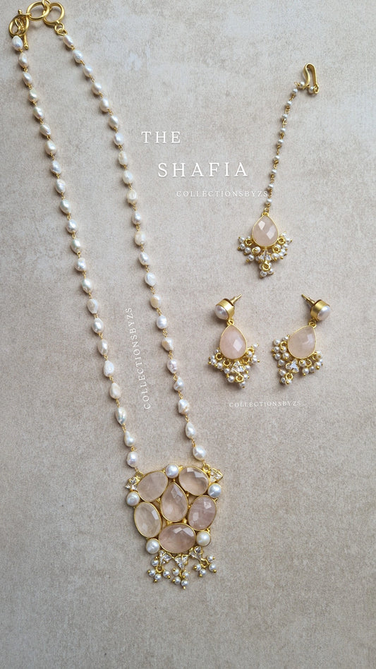 SHAFIA *Premium* Small Elegant Full Fresh Water Pearls & Rose Quartz Mala Set