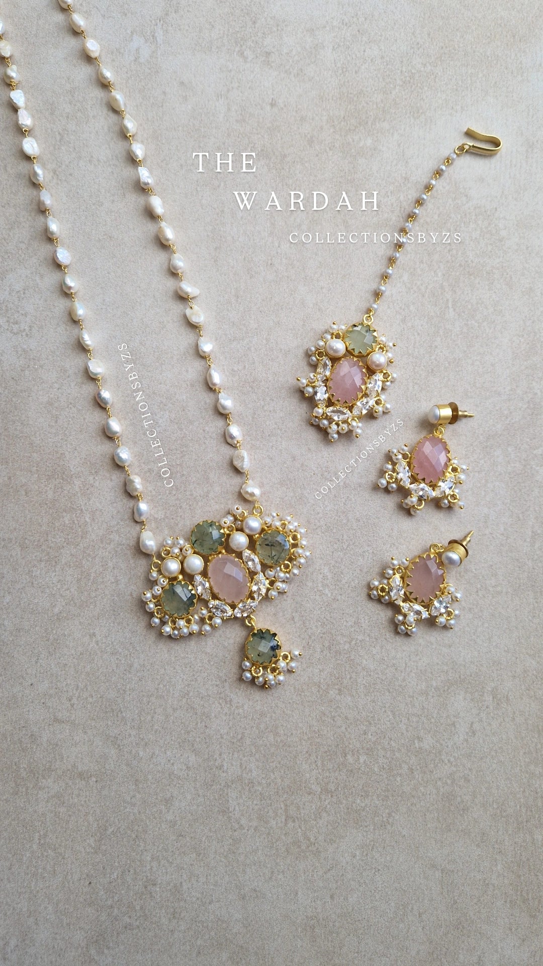 WARDAH- *Premium* Elegant Full Fresh Water Pearls, Rose Quartz and Prehnite Mala Set