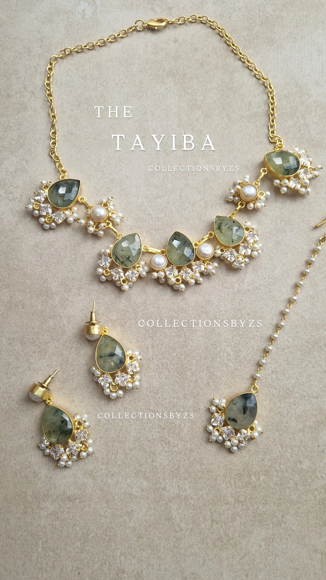 TAYIBA - Elegant Prehnite (Sage) and Fresh water pearls Jewellery Set