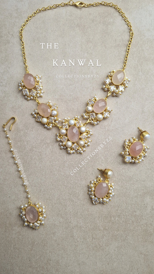 KANWAL - Small Beautiful Rose Quartz and Fresh water Pearls Jewellery Set