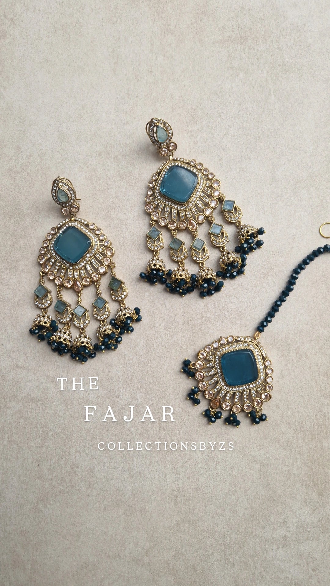 FAJR - Pakistani Earrings & Tikka Set- SeaGreen