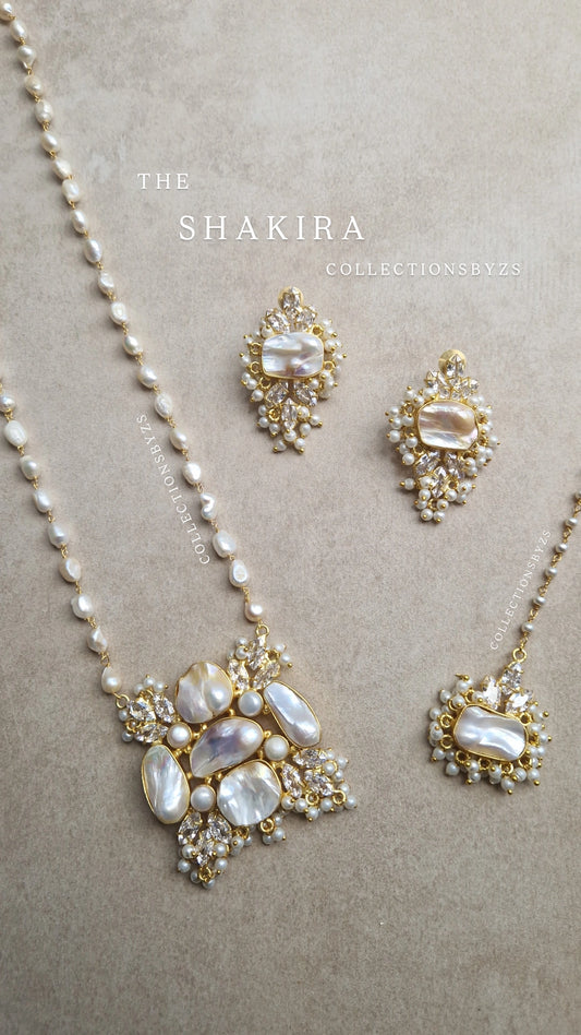 SHAKIRA- *Premium* Elegant Full Fresh Water Pearls and Crystal Mala, Earrings & Tikka Set