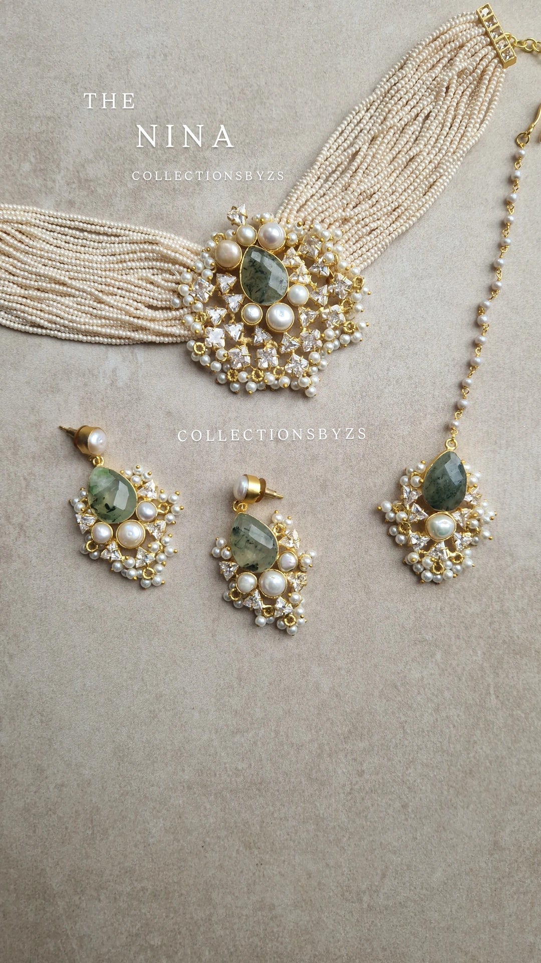 NINA - Elegant Prehnite (Sage) Choker Set with Pearls
