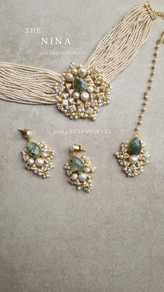 NINA - Elegant Prehnite (Sage) Choker Set with Pearls