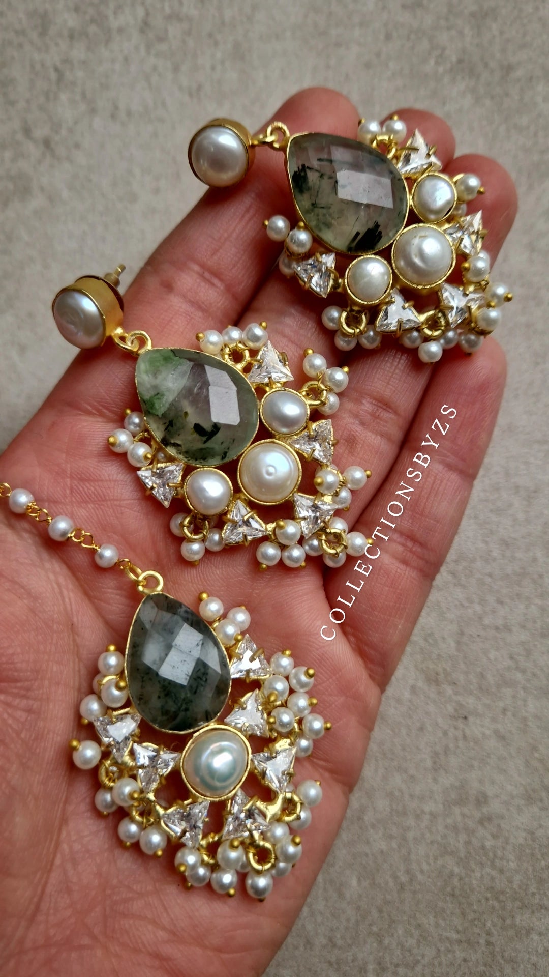 NINA - Elegant Prehnite (Sage) Choker Set with Pearls