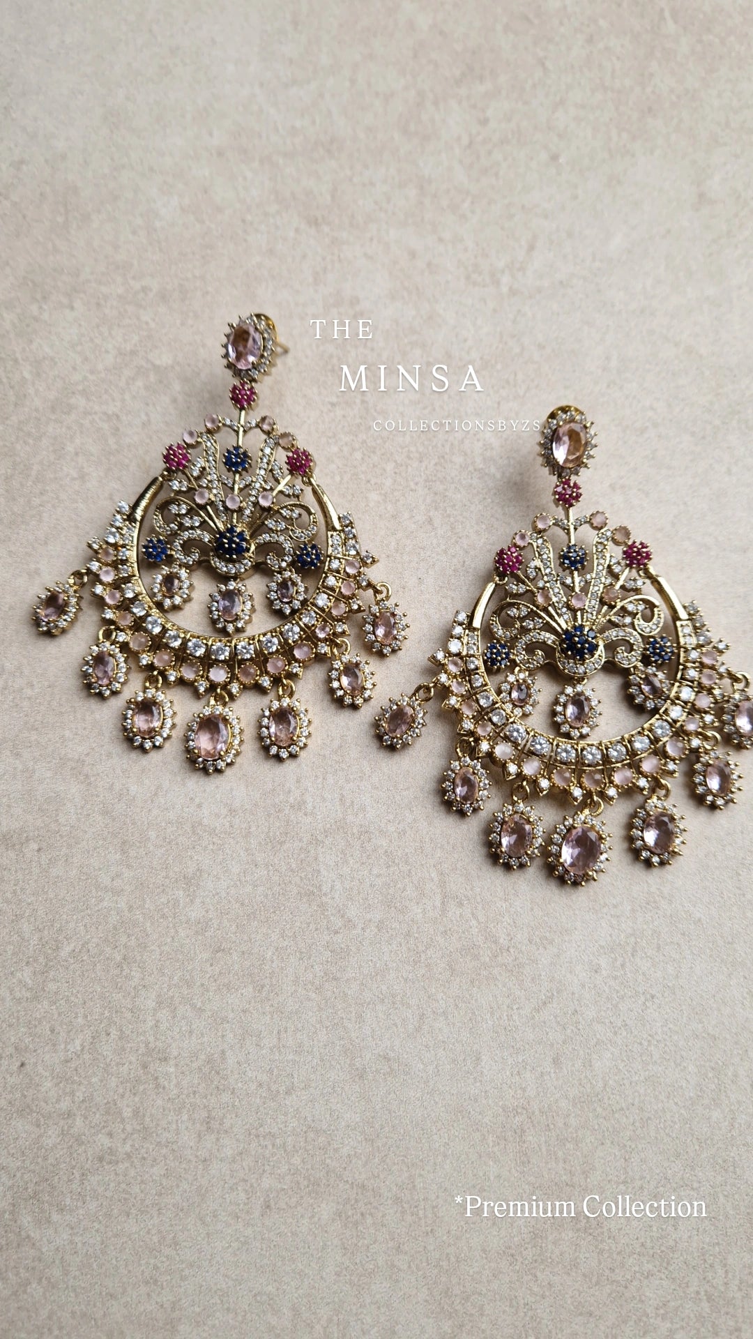 MINSA - * PREMIUM* American Diamond Oversized Multicoloured Earrings -PINK & BLUE * Introductory offer*