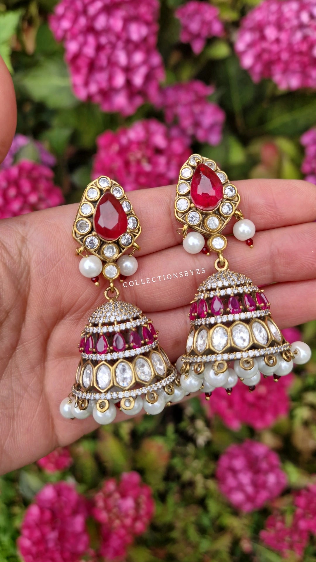 KAI - *Premium*  Authentic Indian Mossonite Jhumkas - Deep Pink/Ruby with pearl