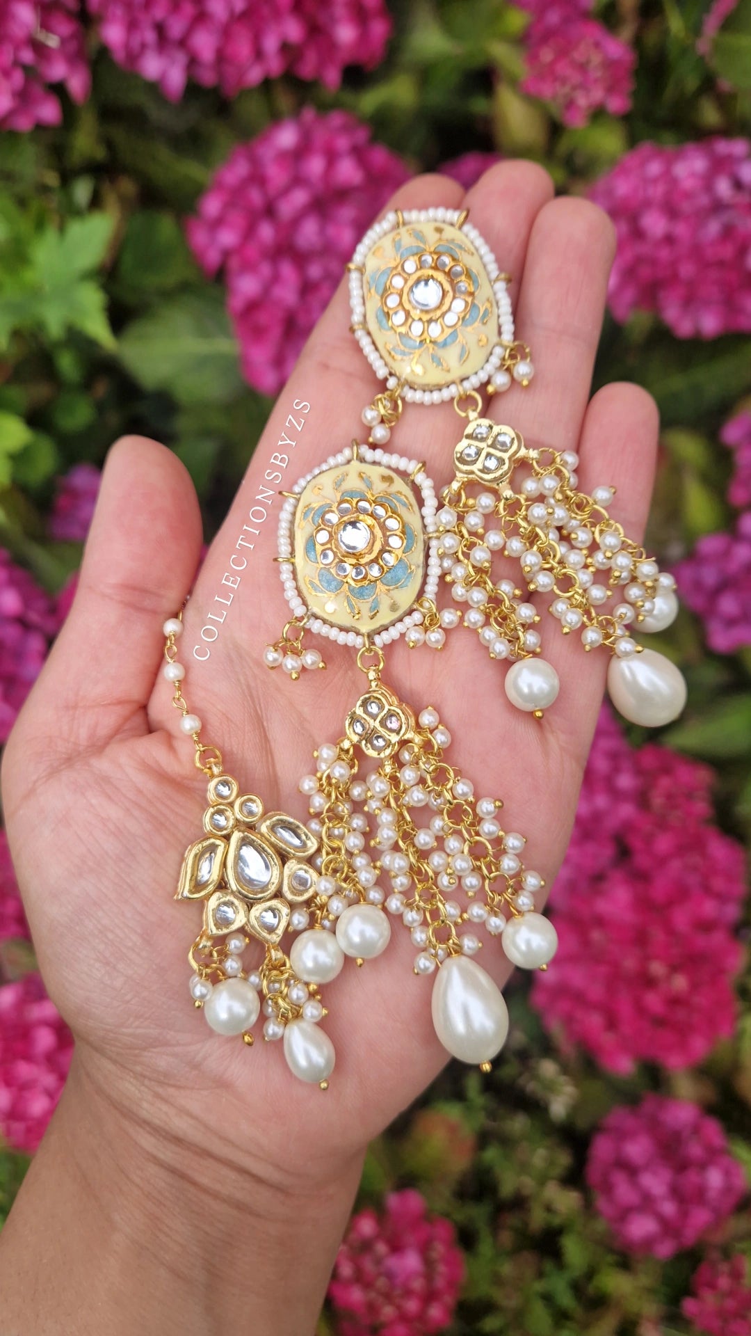 SRI - Premium Meenakari Pearl Choker Set - Pearls - Butter Yellow & Off White.