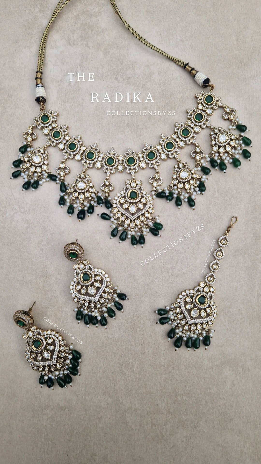 RADIKA- *Premium* Indian Bridal- Beautiful & Elegant Indian Bridal Kundan Taani Choker , Earrings & Tikka Set GREEN