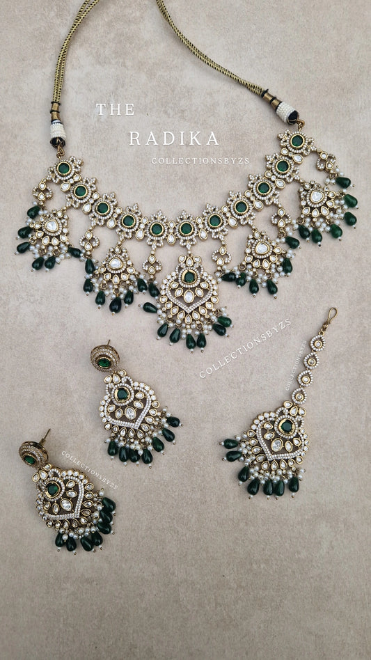 RADIKA- *Premium* Indian Bridal- Beautiful & Elegant Indian Bridal Kundan Taani Choker , Earrings & Tikka Set GREEN