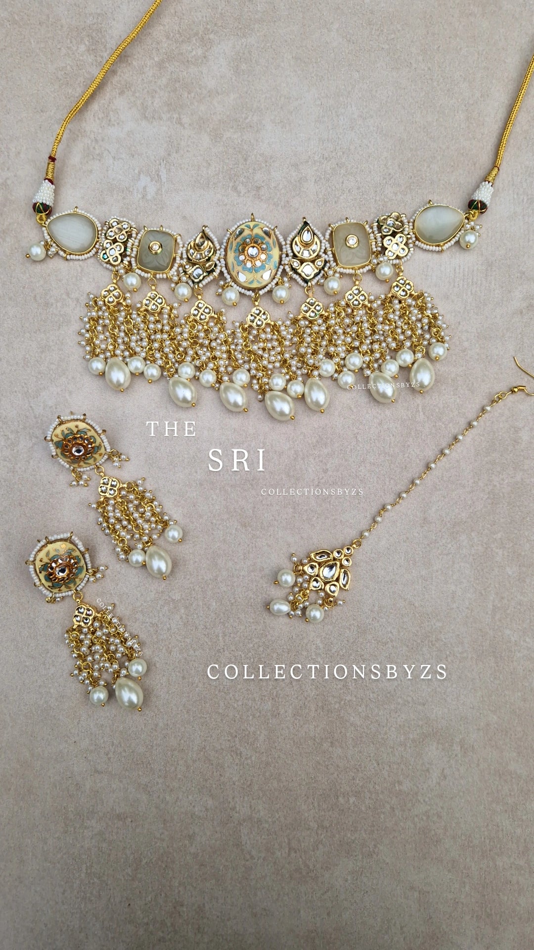 SRI - Premium Meenakari Pearl Choker Set - Pearls - Butter Yellow & Off White.