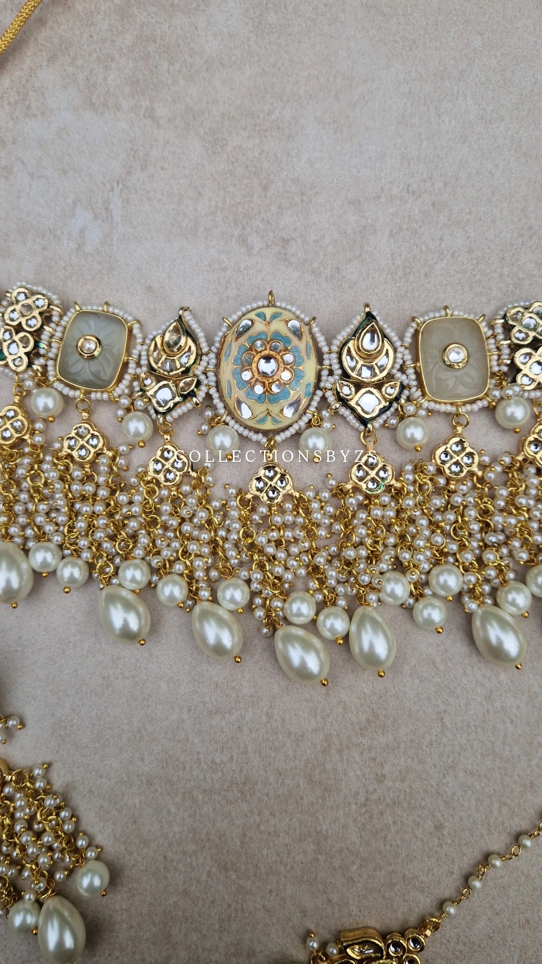 SRI - Premium Meenakari Pearl Choker Set - Pearls - Butter Yellow & Off White.