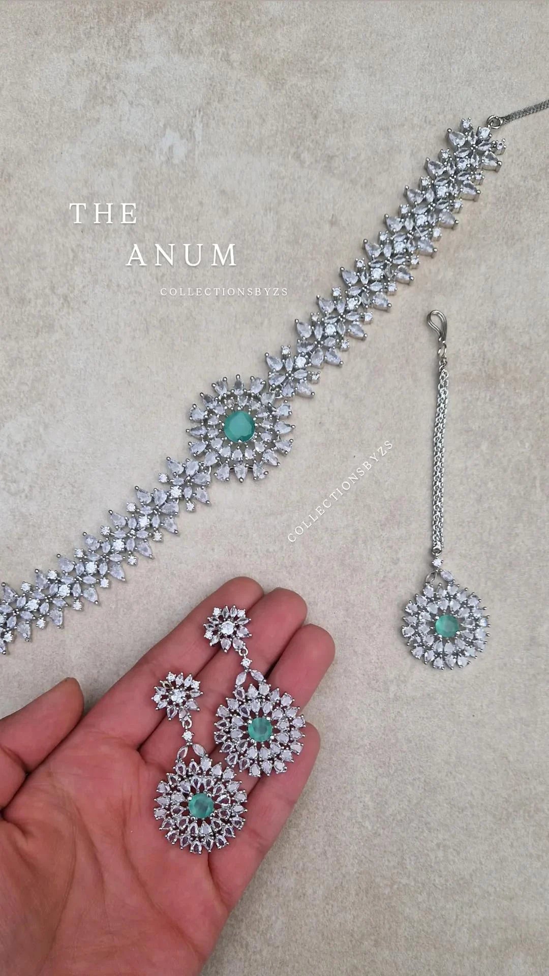 ANUM - American Diamond Choker, Earrings & Tikka - MINT
