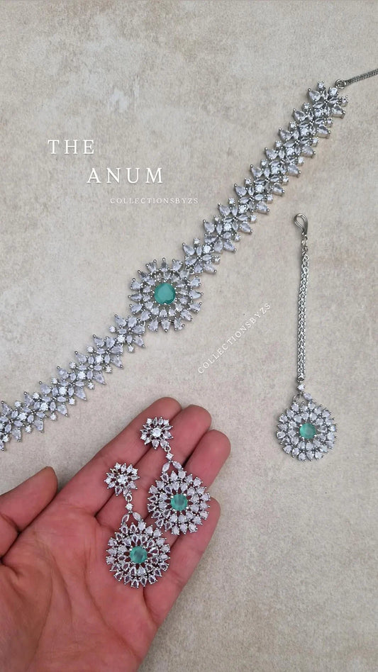 ANUM - American Diamond Choker, Earrings & Tikka - MINT