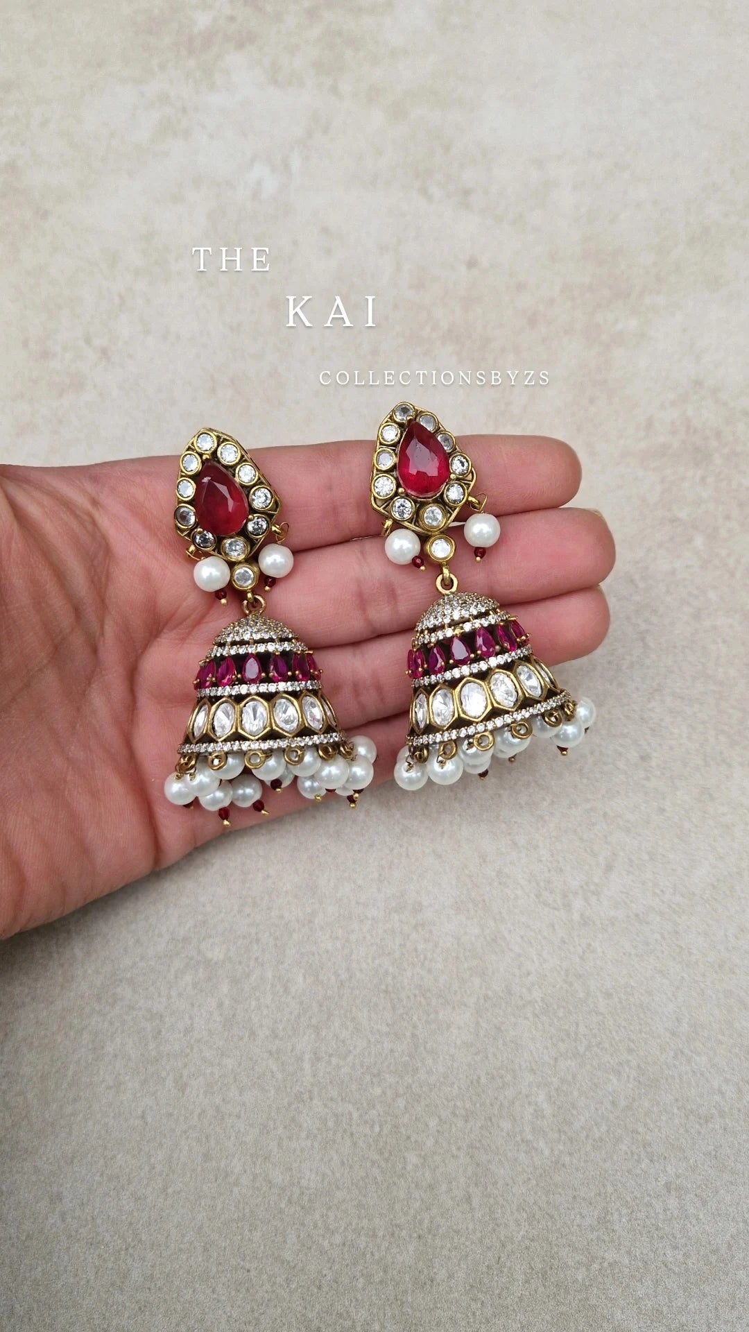 KAI - *Premium*  Authentic Indian Mossonite Jhumkas - Deep Pink/Ruby with pearl